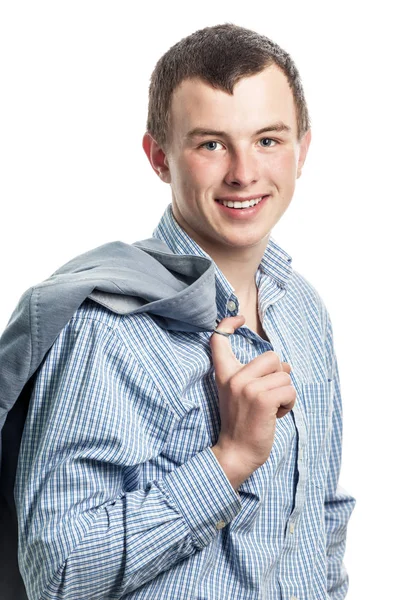 Genç Adam Beyaz Zemin Üzerinde Bir Kravat Maliyetleri Stok Fotoğraf