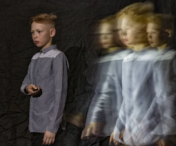 Red Haired Boy Black Background Motion — Stock Photo, Image