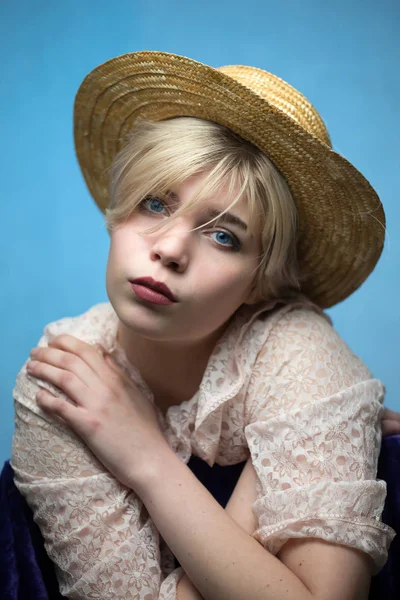 Portrait Girl Straw Hat Blue Background — 스톡 사진