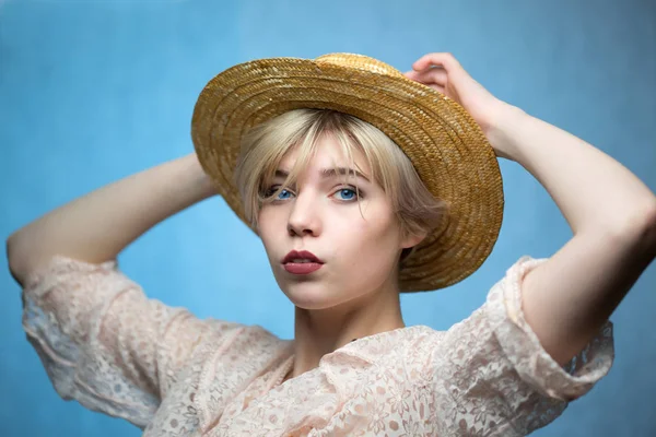 Portrait Girl Straw Hat Blue Background — 스톡 사진