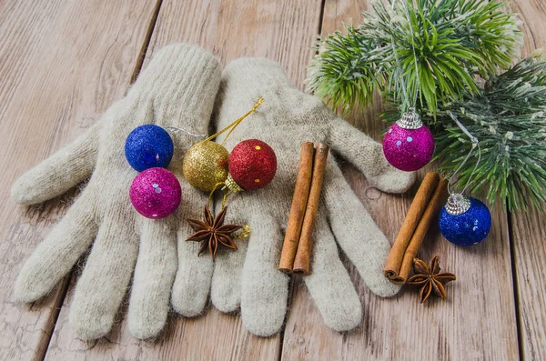 Gestrickte Handschuhe mit Kiefernzweig — Stockfoto