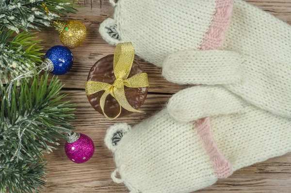 Gestrickte Handschuhe mit Kiefernzweig — Stockfoto