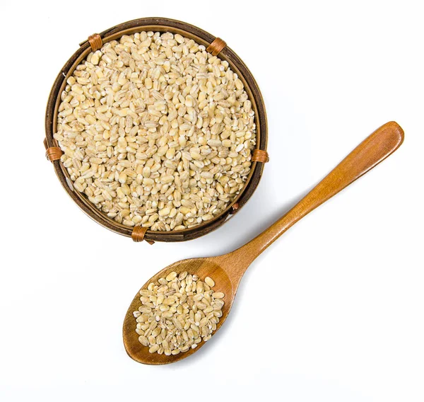 Pearl barley in wooden bowl — Stock Photo, Image