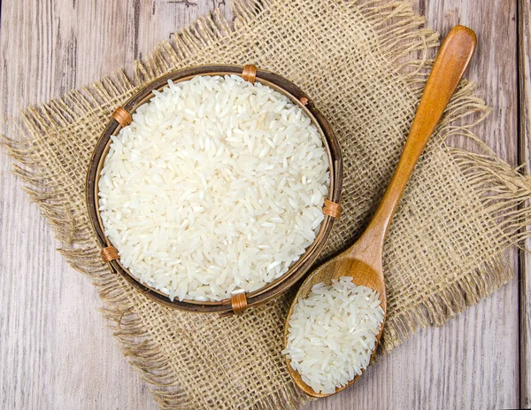 Wooden bowl with rice — Stock Photo, Image