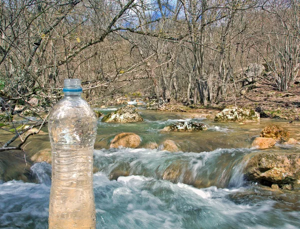 Νερό Πηγής Και Πλαστικό Μπουκάλι Νερό Στο Δάσος Άνοιξη — Φωτογραφία Αρχείου