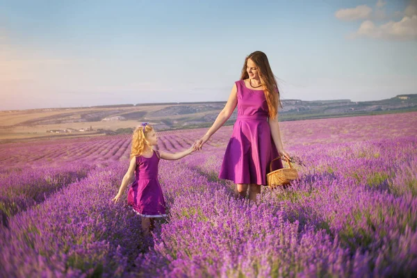 Menina Mãe Caminhando Prado Lavanda Cuidado Familiar Composição Natureza — Fotografia de Stock