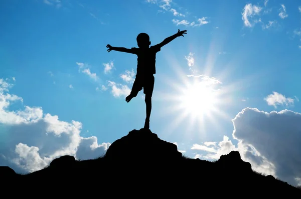 Feliz Silueta Niño Disfrutar Naturaleza Extiende Los Brazos Sol Cielo — Foto de Stock