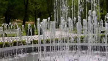 Bernardine halk parkındaki çeşme, Vilnius, Litvanya. Su sıçrıyor. Su sisi.