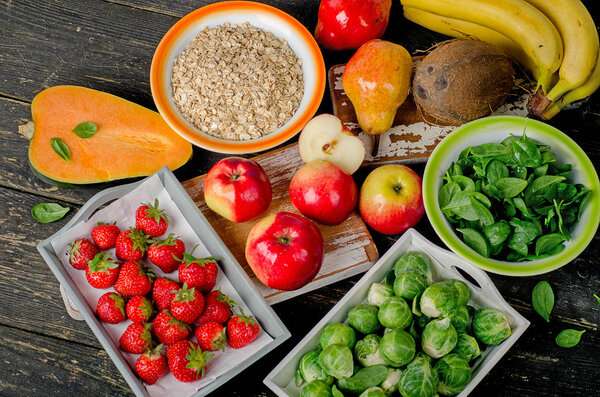 High Fiber Food on dark rustic wooden table. 