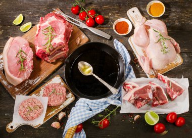 Çiğ et baharat ve demir tava ile farklı türleri 