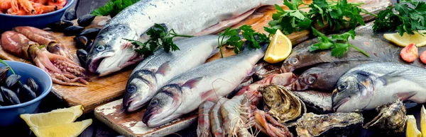 Ryby i owoce morza. Jedzenie zdrowej diety. — Zdjęcie stockowe