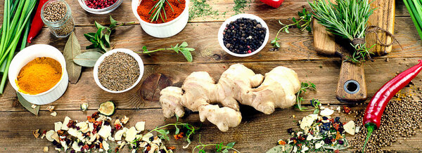 Colorful spices and fresh herbs 