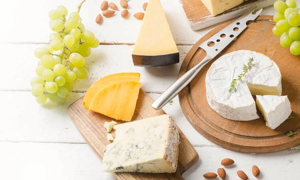 Different kinds of cheeses with grapes — Stock Photo, Image