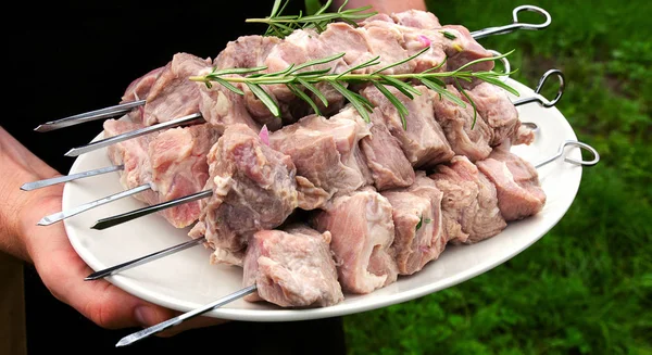 절인된 원시 돼지고기 케밥 — 스톡 사진