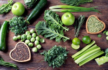 Karışık sebze, baklagiller sağlıklı yemek için. Üstten Görünüm. Vejetaryen ve vegan gıda. Diyet beslenme kavramı.
