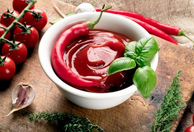 Taze domates sosu sarımsak, yaprak, biber ve domates ile rustik ahşap tahta üzerinde closeup 