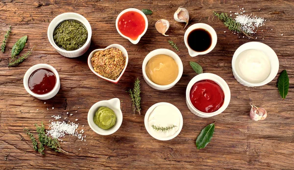 Top View Bowls Various Sauces Ingredients Rustic Wooden Table — Stock Photo, Image