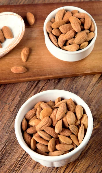 Almond Nuts Bowl Wooden Board Table — Stock Photo, Image