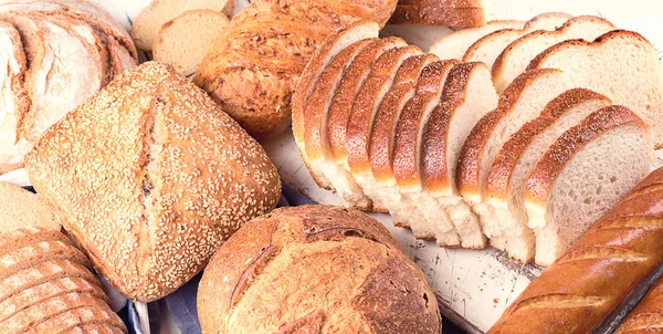 Mixed Bread White Wooden Table Background Top View — Stock Photo, Image