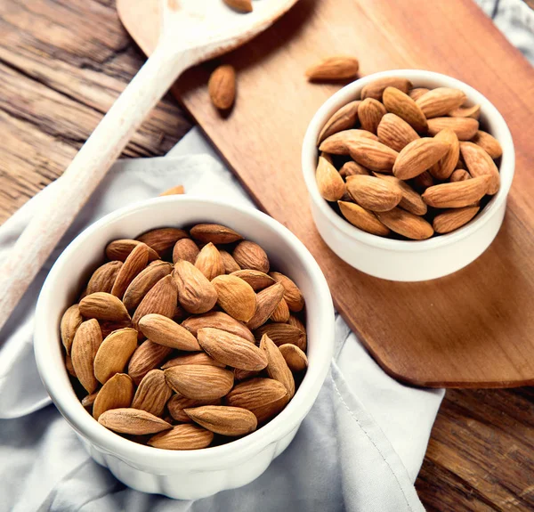 Almonds Bowl Wooden Background — Stock Photo, Image