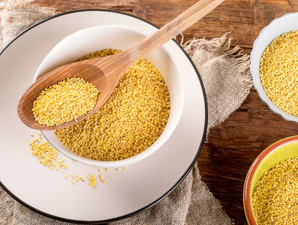 Biologische Gierst Zaden Rustieke Houten Tafel Van Bovenaf Bekijken — Stockfoto