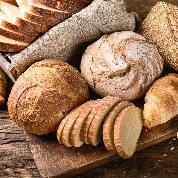 Fresh Baked Bread Rustic Wooden Background — Stock Photo, Image