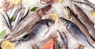 Taze balık, deniz ürünleri ve limon dilimleri buz üzerinde. Sağlıklı beslenme. Üstten Görünüm 