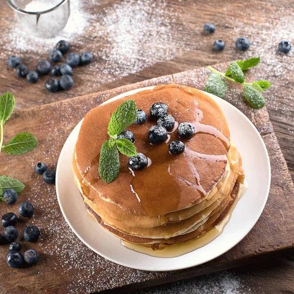 Fresh Homemade Pancakes Blueberries Breakfast Wooden Background — Stock Photo, Image
