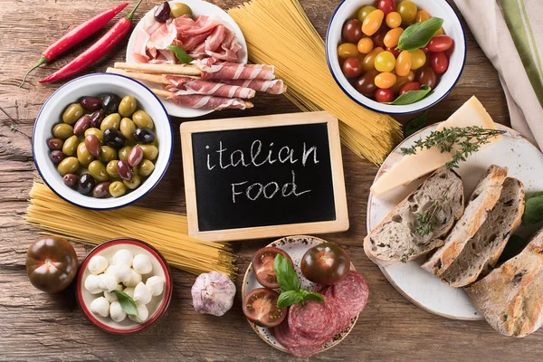 Olasz Élelmiszer Háttér Egészséges Táplálkozás Szemközti Nézet — Stock Fotó