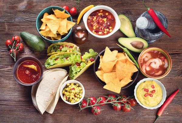 Mexican traditional food on wooden background. Top view