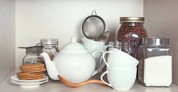 Sugar, tea , cookies and coffee beans — Stock Photo, Image