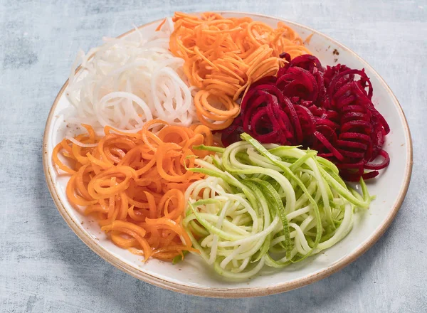 Vegetable Noodles Fresh Zucchini Carrot White Radish Sweet Potato Beet — Stock Photo, Image