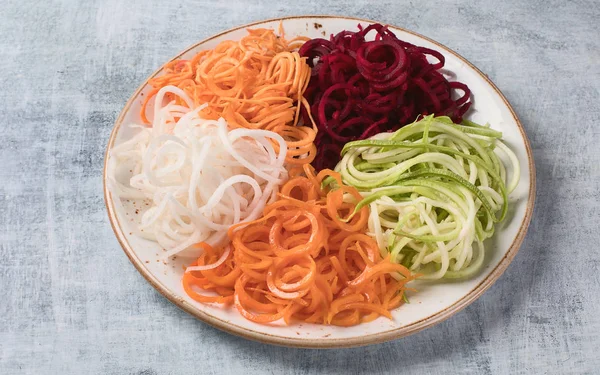 Vegetable Noodles Fresh Zucchini Carrot White Radish Sweet Potato Beet — Stock Photo, Image