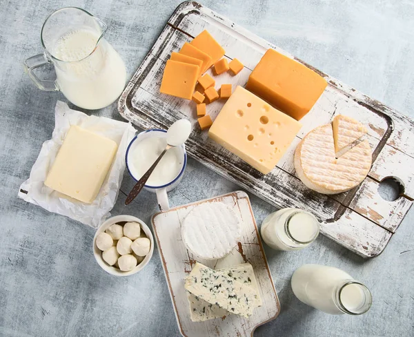 Farklı Süt Ürünleri Yukarıdan Görüntüleyin Sağlıklı Gıda — Stok fotoğraf
