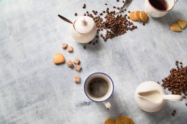 Kahve arka plan. Üstten Görünüm. Kahve için zaman