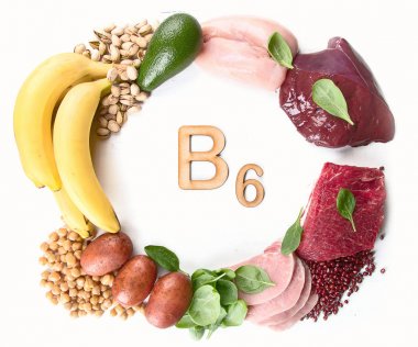 Besinler Vitamin B6 (Piridoksin) zengin. Sağlıklı gıda kavramı. Üstten Görünüm