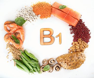 B1(Thiamine) vitamini açısından zengin gıdalar. Üstten Görünüm