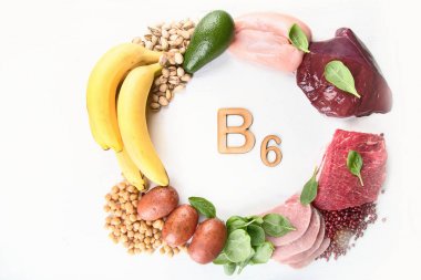 Besinler Vitamin B6 (Piridoksin) zengin. Sağlıklı gıda kavramı. Üstten Görünüm