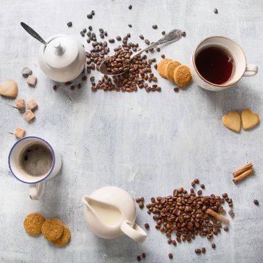 Kahve arka plan. Üstten Görünüm. Kahve için zaman