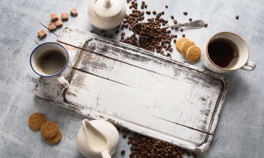 Kahve arka plan. Üstten Görünüm. Kahve için zaman