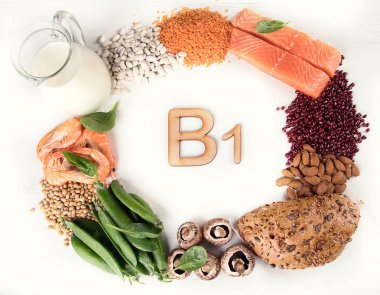 B1(Thiamine) vitamini açısından zengin gıdalar. Üstten Görünüm