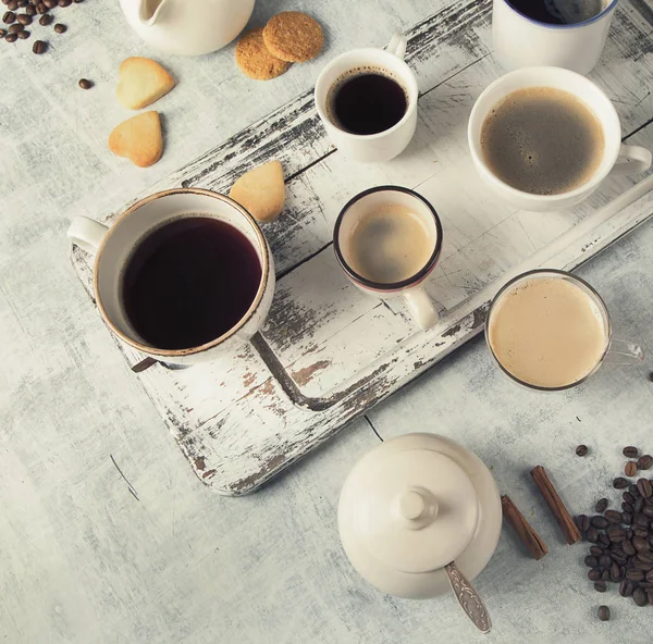 Muchas Diferentes Tazas Café Concepto Hora Del Café Vista Desde — Foto de Stock