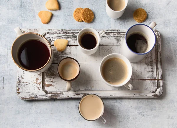 Számos Különböző Csésze Kávét Kávé Idő Fogalmát Nézd Meg Felülről — Stock Fotó