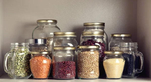 Collection Grain Products Storage Jars Pantry — Stock Photo, Image