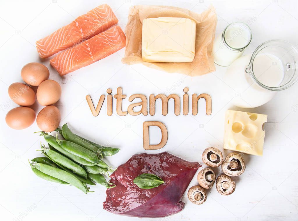 Natural foods rich in vitamin D. Top view