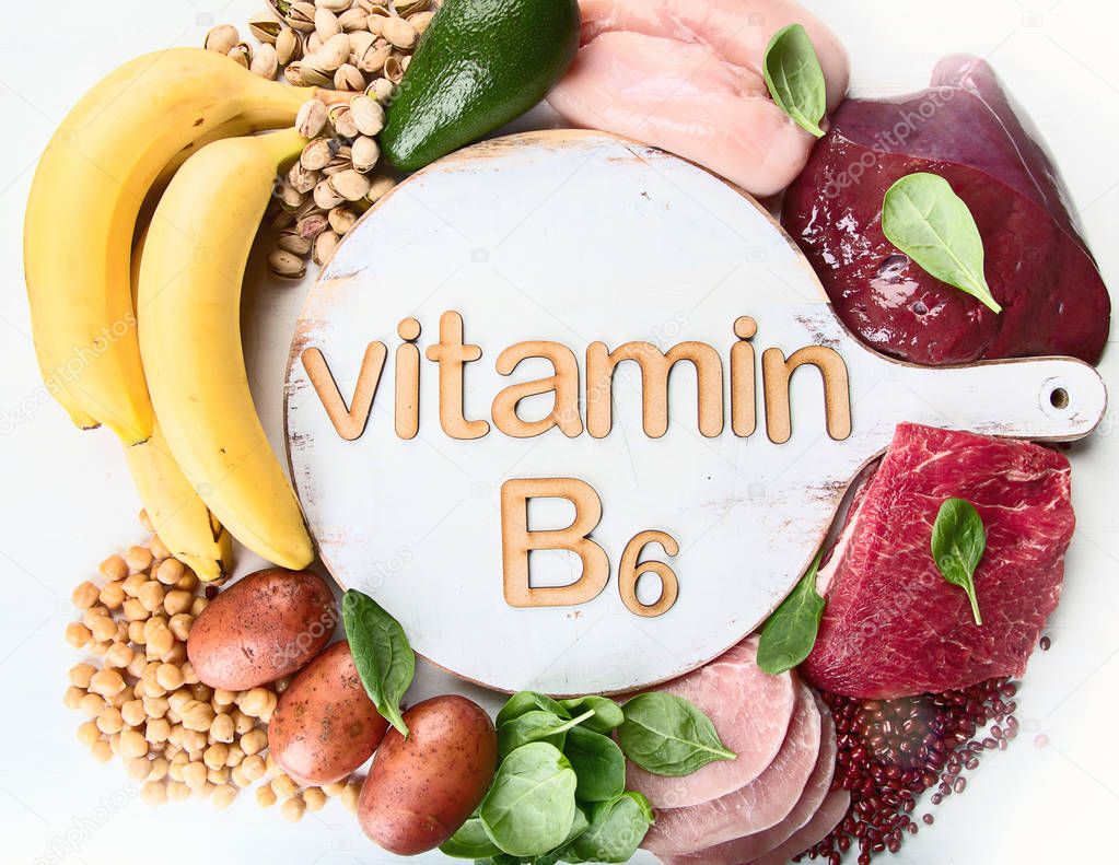 Foods rich in  Vitamin B6 (Pyridoxine). Healthy food concept. Top view