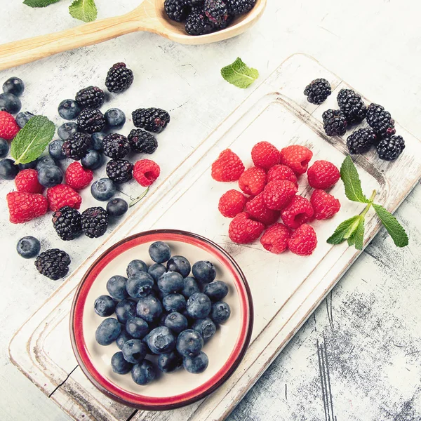 Different Kinds Fresh Berries Mix Wooden Surface — Stock Photo, Image