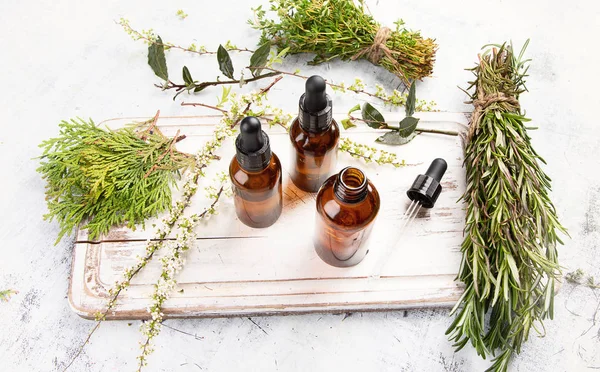 Bottles Organic Essential Aroma Oil Aromatherapy Herbs — Stock Photo, Image