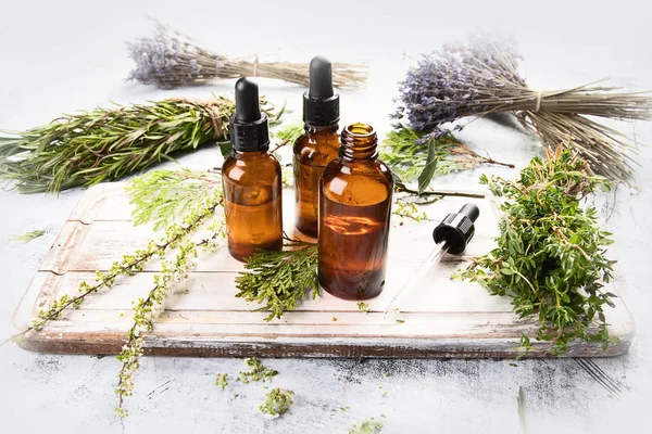 Bottles Organic Essential Aroma Oil Aromatherapy Herbs — Stock Photo, Image