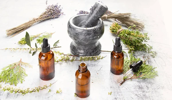 Bottles Organic Essential Aroma Oil Aromatherapy Mortar Herbs — Stock Photo, Image